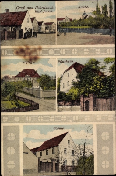 Postcard Pehritzsch Jesewitz in Saxony, church, estate, rectory, school, business building Karl Jacob