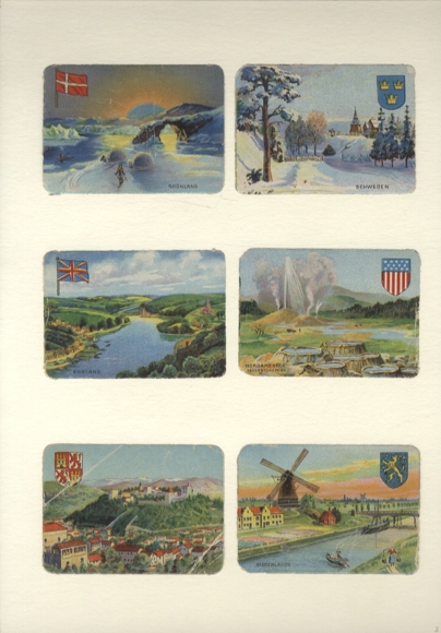 6 wafers landscapes of different countries, flags and coats of arms, each approx. 6 x 8.5 cm