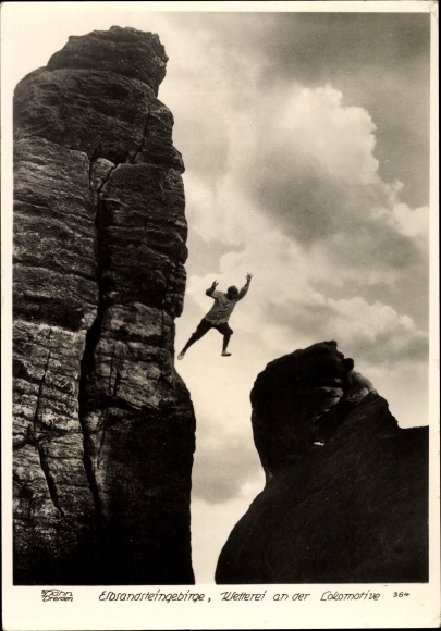 Postcard Kurort Rathen in the Elbe Sandstone Mountains, climbers in the jump, locomotive