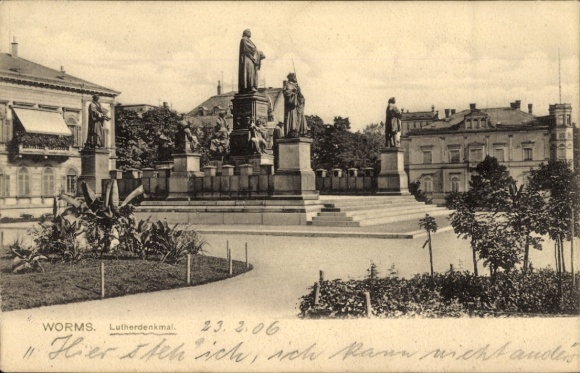 Postcard Worms am Rhein, Luther monument, large statue, park, lettering, architecture