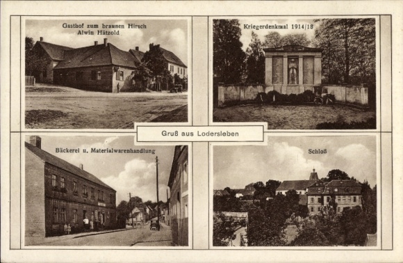 Ak Lodersleben Querfurt im Saalekreis, Gasthof zum braunen Hirsch, Bäckerei, Kriegerdenkmal 1914/