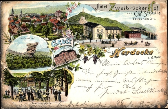 Chromo-Litho Herdecke an der Ruhr, Hotel Zweibrücker Hof, place, Teufelskanzel, teachers&#39; seminar, garden party