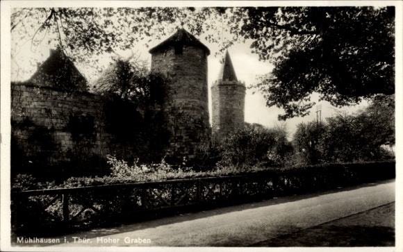 Postcard Mühlhausen in Thuringia, city wall with towers, Hoher Graben, architecture