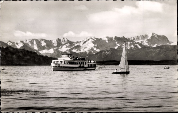 Postcard early morning over the Ammersee with the motor ship Utting and the Zugspitze massif