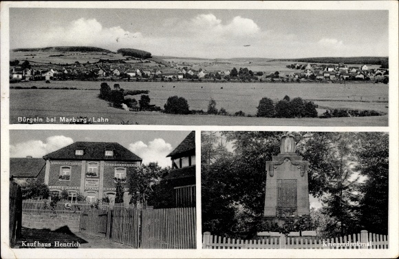Postcard Bürgeln Cölbe an der Lahn, total view, department store Hentrich, war memorial