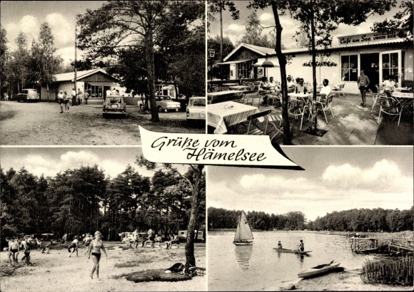 Postcard Heemsen in Lower Saxony, campsite on Hämelsee, tents, caravans, jetty, inh. Dietrich Lutze