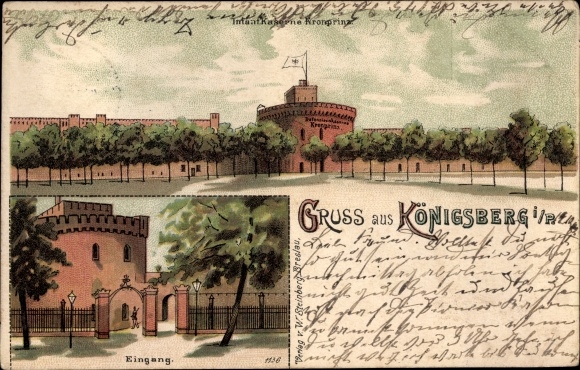 Chromo-Litho Kaliningrad Königsberg East Prussia, infantry barracks Kronprinz, entrance