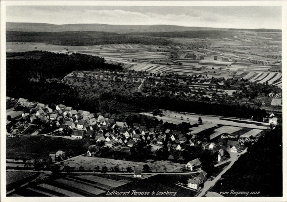 Ak Perouse Rutesheim in Württemberg, Luftkurort Perouse, Gasthaus Waldhorn, Landschaft mit Felder