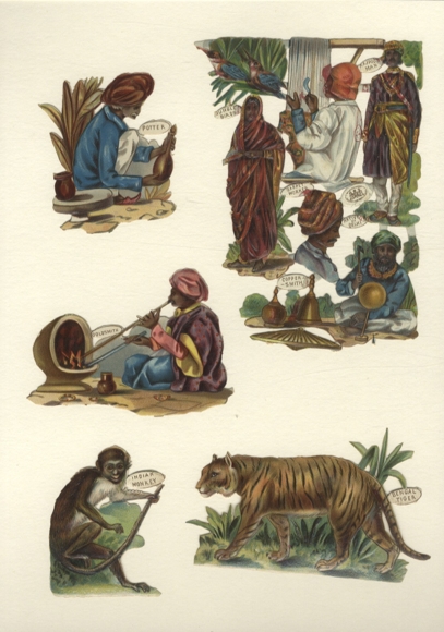 4 wafers, 1 block of Indians in typical clothing, monkey, tiger, approx. 14.5 x 9.5 cm to 7 x 5 cm