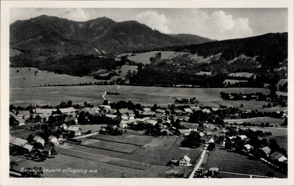 Postcard Benediktbeuern in Upper Bavaria, aerial view of mountain landscape, houses, fields