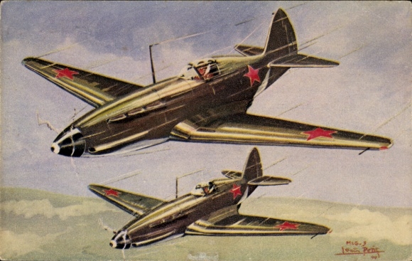 Artist Postcard Russian military aircraft, MIG 3, fighter aircraft, Soviet Union, USSR