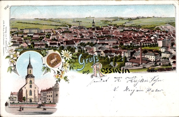Ak Rosswein Roßwein in Sachsen, Stadtansicht von  Kirche, dekorative Elemente, 