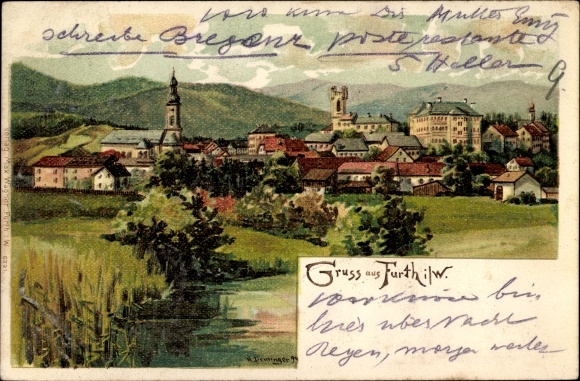 Künstler Litho Deininger, H., Furth im Wald Oberpfalz Bayern, Panorama von der Ortschaft