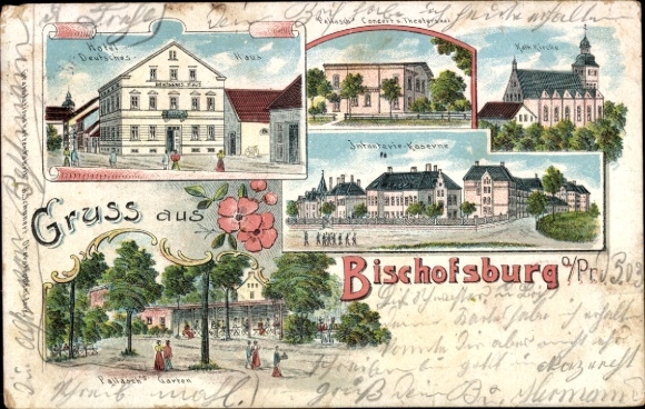 Litho Biskupiec Bischofsburg Ostpreußen, Infanterie-Kaserne, Hotel Deutsches Haus, Kirche