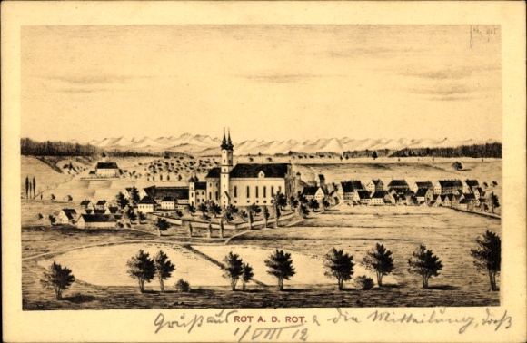 Ak Rot an der Rot in Württemberg, Landschaft mit Kirche, Berge im Hintergrund,  Perspektive