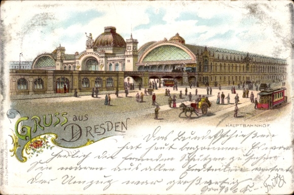 Chromo-Litho Dresden Old Town Seevorstadt, main station, tram