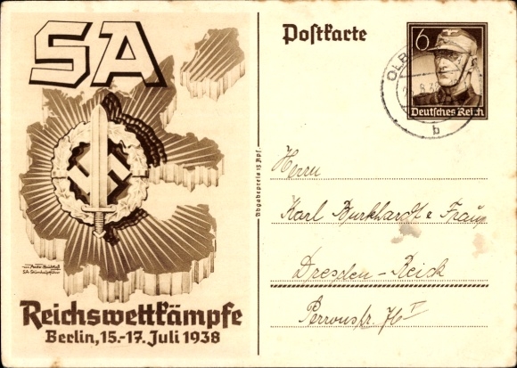 Postal stationery artist Postcard Axster Heudtlaß, SA Reichswettkämpfe Berlin 1938