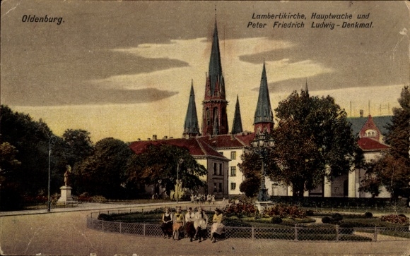 Postcard Oldenburg in Holstein, Lamberti Church, Hauptwache, Peter Friedrich Ludwig Monument