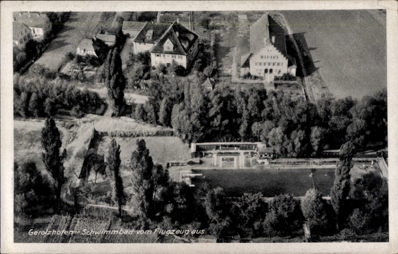 Postcard Gerolzhofen in Lower Franconia, aerial photograph of swimming pool, buildings, trees