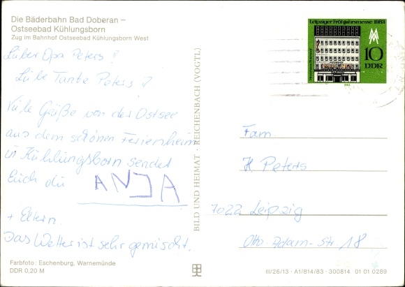 Postcard Baltic resort Kühlungsborn, train station, German locomotive, baths railway