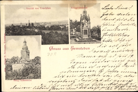 Ak Ermsleben Falkenstein Harz, oorlogsmonument, kasteel Falkenstein, totaaloverzicht