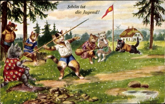 Artist PC Kaskeline, F., cats, javelin throwing, youth is beautiful