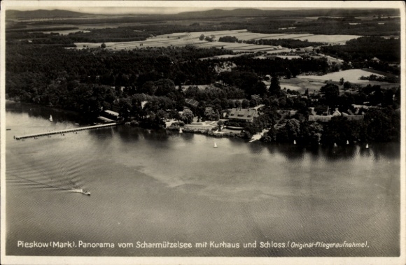 Postcard Pieskow in der Mark, Scharmützelsee, spa house, castle, aerial photograph