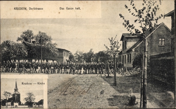Postcard Kruckow in Western Pomerania, church, stop the whole thing, marching company