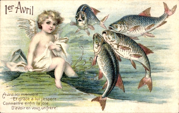 Stamped Postcard 1st April, Angels and Fishes