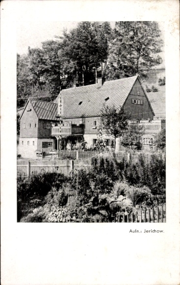 Postcard Dippoldiswalde in the Ore Mountains, house with garden, wooden construction, fence, photo inscription: Jerichow