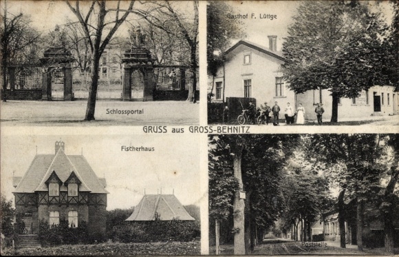 Postcard Groß Behnitz Nauen im Havelland, castle portal, fisherman's house, guesthouse F. Lüttge, post office