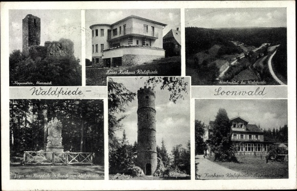 Postcard Waldfriede in the Soonwald Seesbach Hunsrück, forest and mountain hotel Waldfriede, monument, tower, panorama