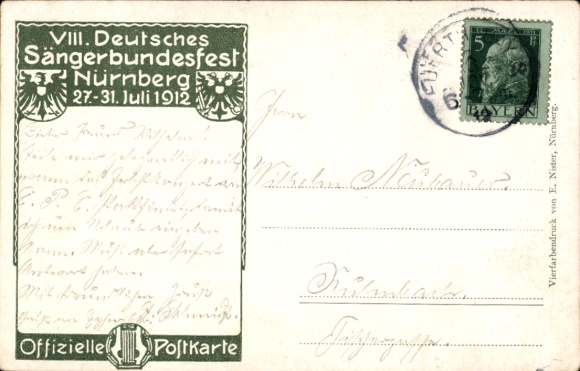 Artist Coat of Arms Postcard Nuremberg in Middle Franconia, 50th Anniversary of the German Singers' Association 1912