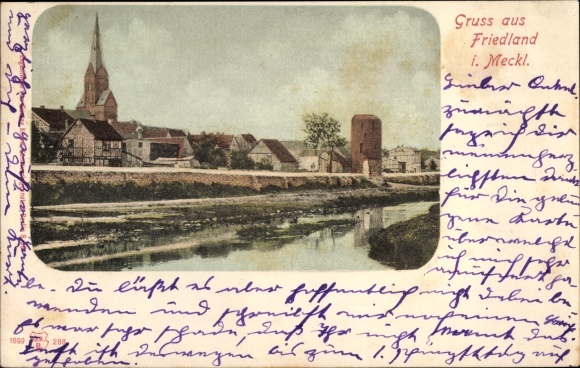 Postcard Friedland in Mecklenburg, river, church