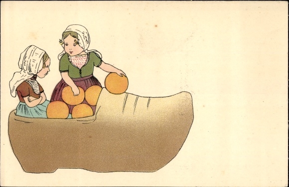 Postcard Netherlands, wooden shoe, children in costume, cheese