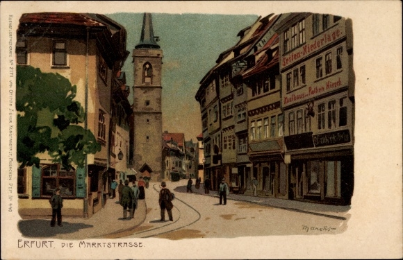 Artist Chromo-Litho Marcks, G., Erfurt in Thuringia, the market street, department store to the Rothen Hirsch