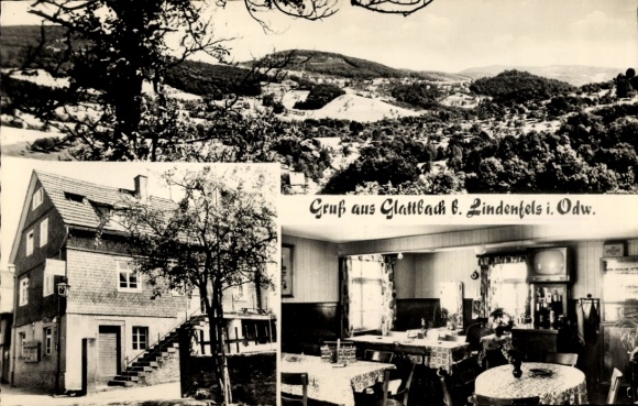 Postcard Glattbach Lindenfels in the Odenwald, Panorama, Gasthaus zur Post, Dining Room