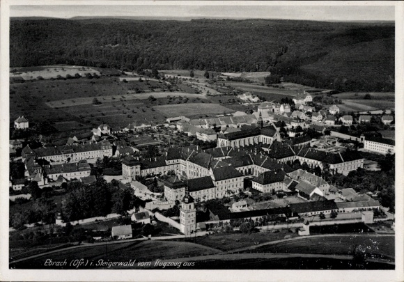Postcard Ebrach in Upper Franconia in the Steigerwald, aerial photograph, Gasthof Wilz, monastery