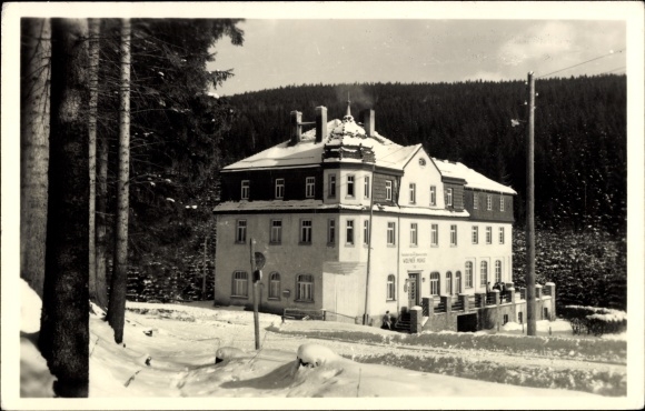 Postcard Raschau Markersbach in the Ore Mountains, FDGB convalescent home Wolfner Mühle, winter view