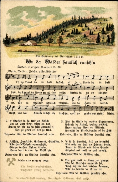 Song Postcard Günther, Anton, Wu da woods murmur hamlich, Erzgebirge dialect No. 30, Spitzberg