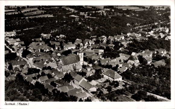 Postcard Sasbach in the Ortenau, aerial photograph of the town, church