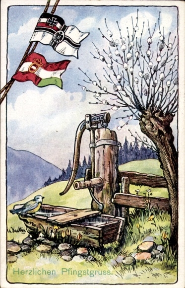 Postcard Happy Pentecost, fountain with water pump, bird, flags
