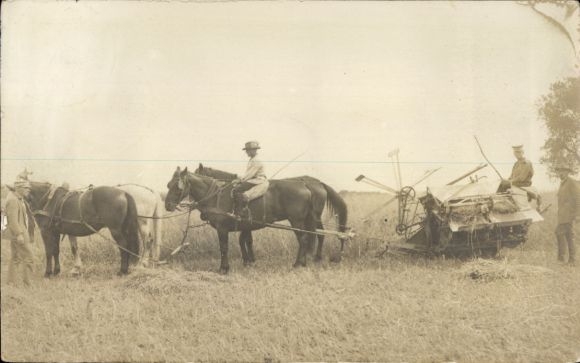 Photo Postcard Agriculture, Mowers, Soldiers