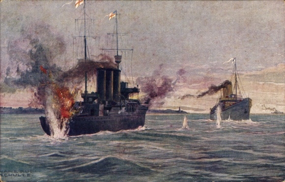 Artist Postcard Schulze, Hans Rudolf, German warship, Queen Luise, English minesweeper