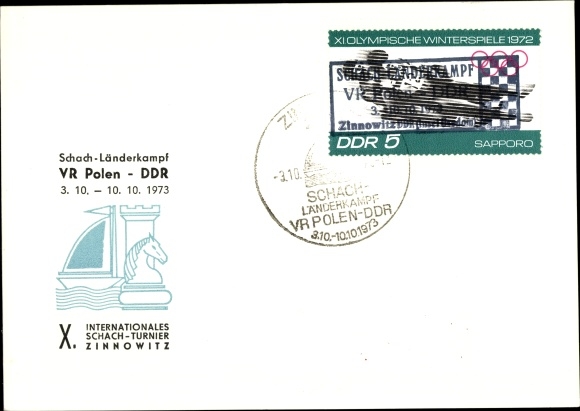 Szachy pocztówkowe, znaczek międzynarodowy mecz szachowy, VR Polska - NRD, 1973, X. Int. Turniej Szachowy Zinnowitz