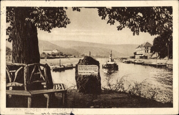 Hann. Münden in Lower Saxony, view of the Weser, romantic scenery, jetty and trees
