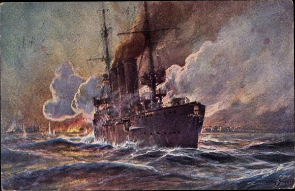 Artist PC Stöwer, Willy, SMS Emden fires at Madras, cruiser, Imperial Navy, I. WW