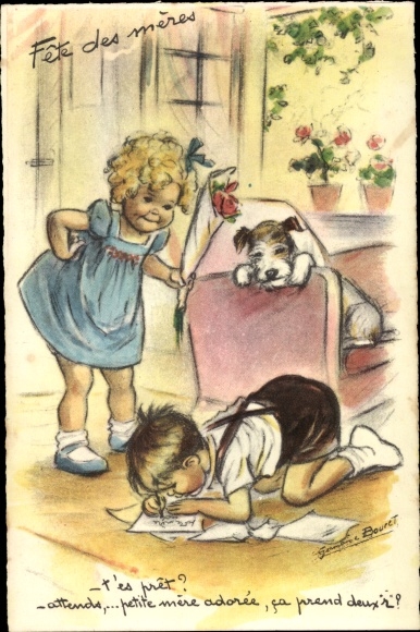 Artist PC Bouret, Germaine, Mother&#39;s Day, Fete des meres, children, dog