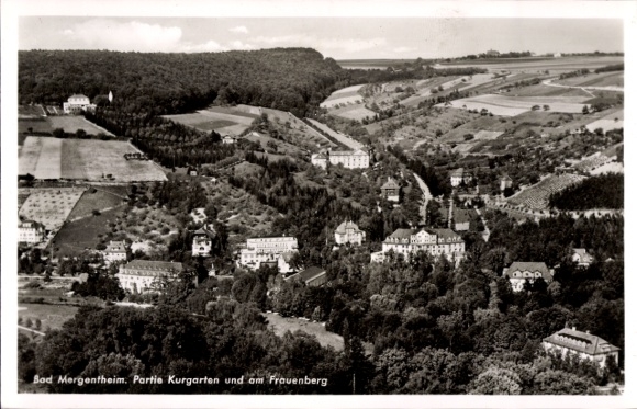 Postcard Bad Mergentheim in Tauberfranken, aerial photograph, spa gardens, Frauenberg
