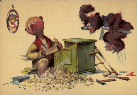 Artist Postcard Salac, Bear planing a cabinet